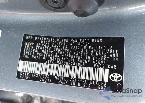 2022 Toyota Corolla Le из США, поврежденный, VIN 5YFEPMAE9NP281005